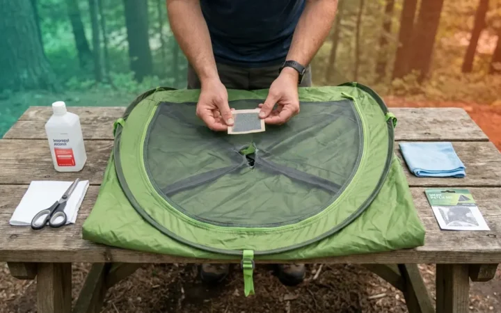 Tent mesh repair guide showing adhesive patch being applied to torn bug screen panel outdoors