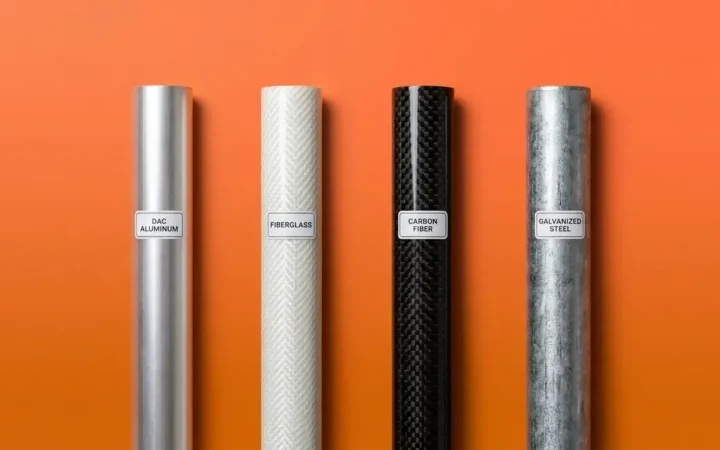 Tent pole materials guide comparing aluminum fiberglass carbon fiber and steel pole sections side by side