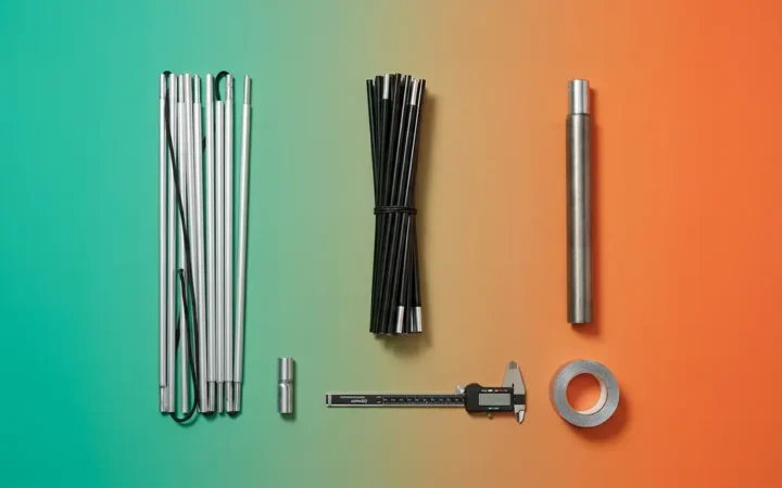Tent poles guide showing aluminum, fiberglass, and steel pole types with repair tools