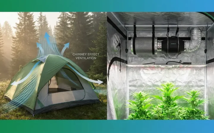 Tent ventilation guide showing camping tent chimney effect and grow tent CFM setup side by side