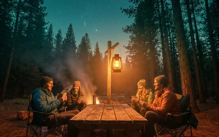 Camping lantern casting warm 360-degree light over a group of campers at a forest campsite