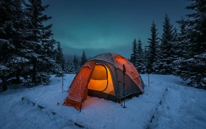 Winter camping tips for tent campers: four-season tent glowing warm on snowy forest campsite at dusk